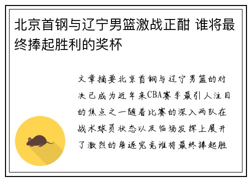 北京首钢与辽宁男篮激战正酣 谁将最终捧起胜利的奖杯