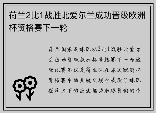 荷兰2比1战胜北爱尔兰成功晋级欧洲杯资格赛下一轮