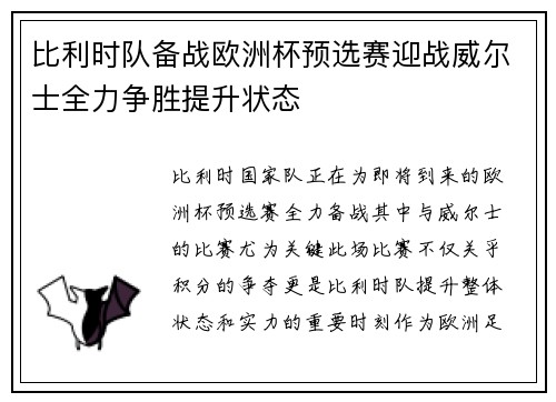 比利时队备战欧洲杯预选赛迎战威尔士全力争胜提升状态