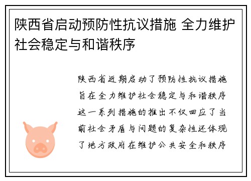 陕西省启动预防性抗议措施 全力维护社会稳定与和谐秩序