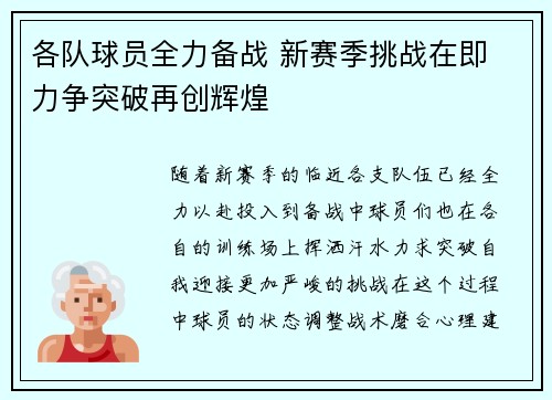 各队球员全力备战 新赛季挑战在即 力争突破再创辉煌