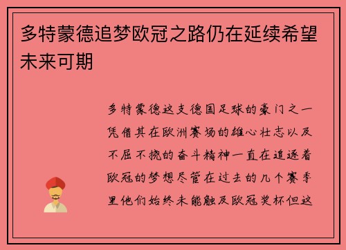 多特蒙德追梦欧冠之路仍在延续希望未来可期