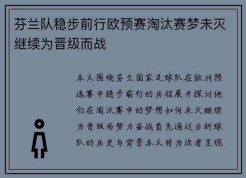 芬兰队稳步前行欧预赛淘汰赛梦未灭继续为晋级而战