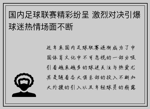 国内足球联赛精彩纷呈 激烈对决引爆球迷热情场面不断
