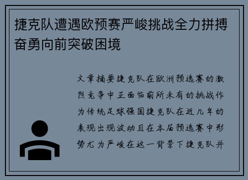 捷克队遭遇欧预赛严峻挑战全力拼搏奋勇向前突破困境