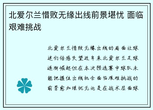 北爱尔兰惜败无缘出线前景堪忧 面临艰难挑战