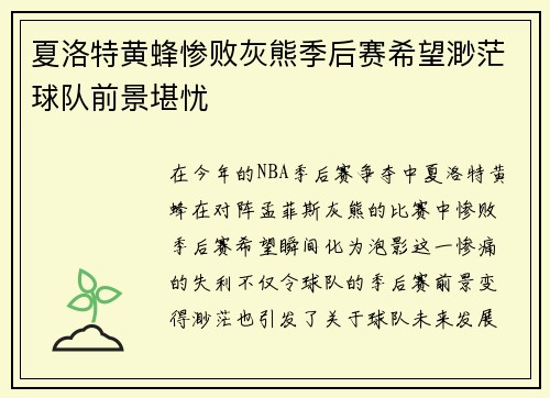 夏洛特黄蜂惨败灰熊季后赛希望渺茫球队前景堪忧