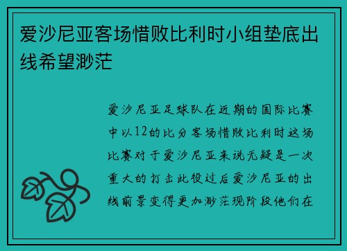 爱沙尼亚客场惜败比利时小组垫底出线希望渺茫