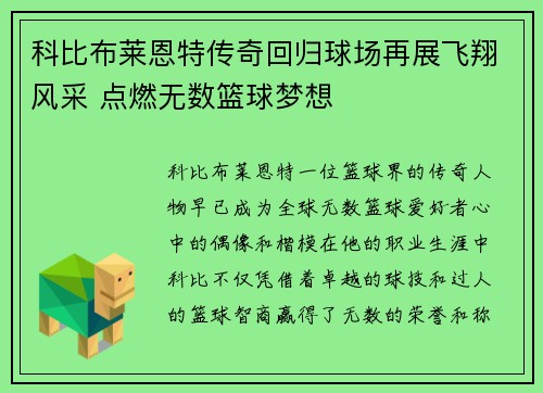 科比布莱恩特传奇回归球场再展飞翔风采 点燃无数篮球梦想