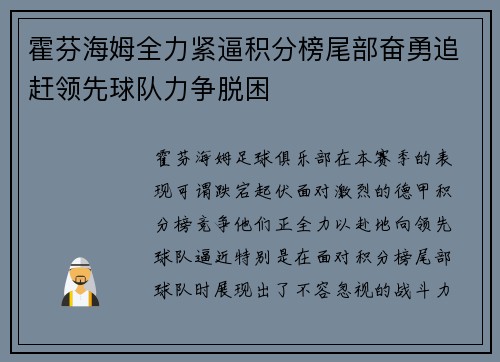 霍芬海姆全力紧逼积分榜尾部奋勇追赶领先球队力争脱困