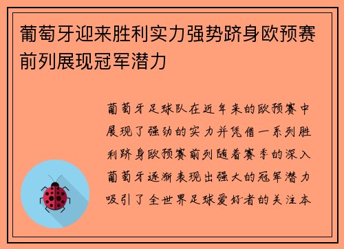 葡萄牙迎来胜利实力强势跻身欧预赛前列展现冠军潜力