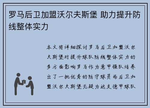 罗马后卫加盟沃尔夫斯堡 助力提升防线整体实力